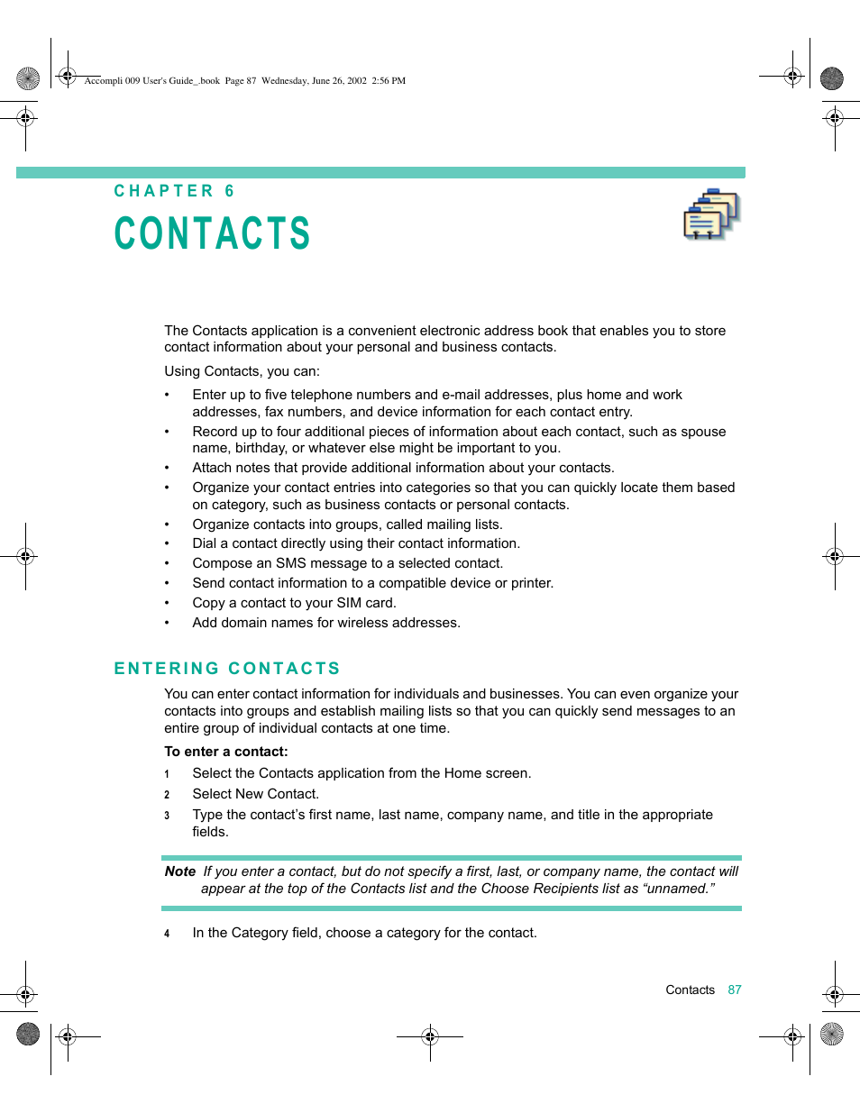 Entering contacts, Contacts 87, Entering contacts 87 | Contacts | Motorola 009 User Manual | Page 87 / 190