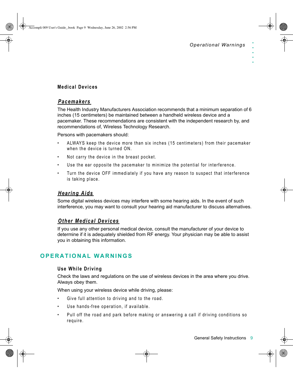 Medical devices, Operational warnings, Use while driving | Motorola 009 User Manual | Page 9 / 190