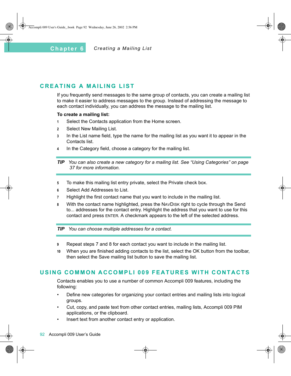 Creating a mailing list, Using common accompli 009 features with contacts | Motorola 009 User Manual | Page 92 / 190