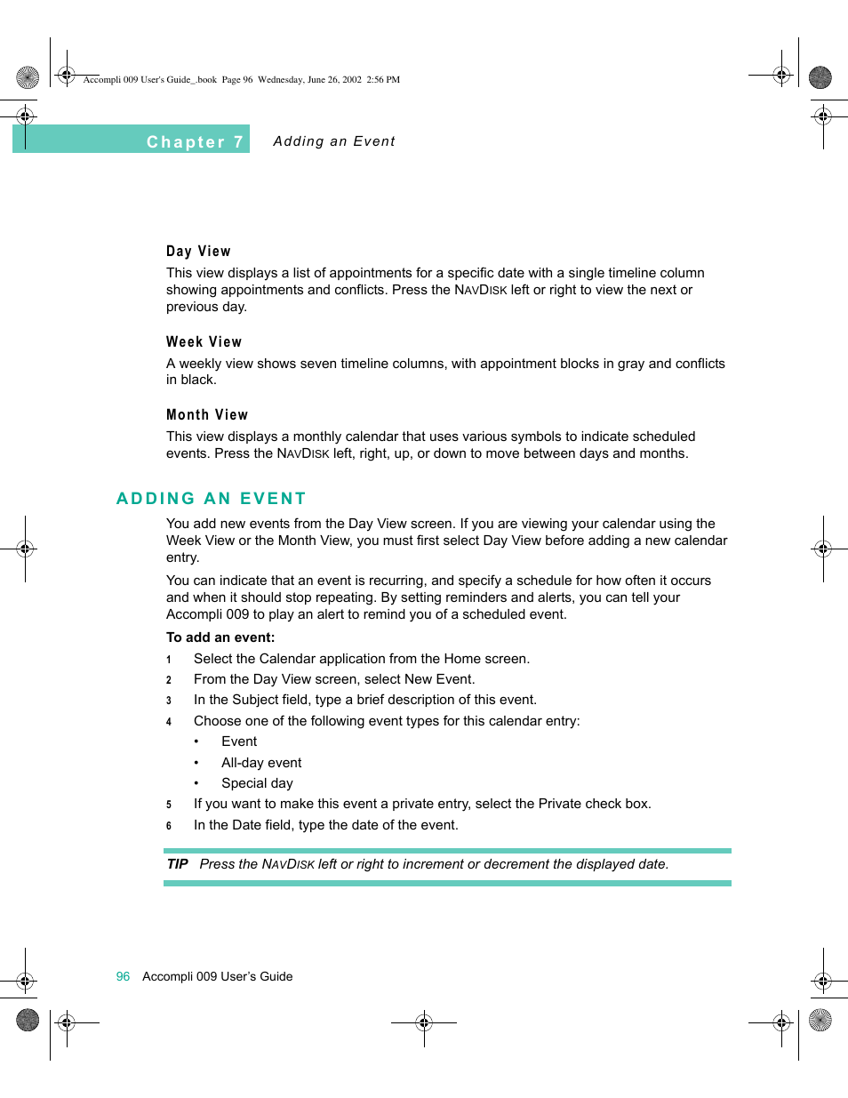 Day view, Week view, Month view | Adding an event, Adding an event 96 | Motorola 009 User Manual | Page 96 / 190