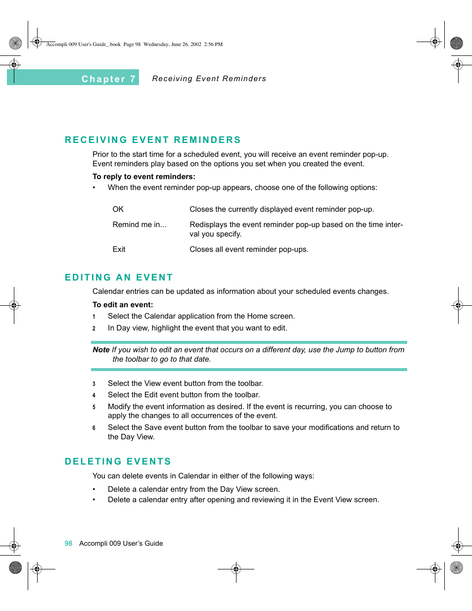 Receiving event reminders, Editing an event, Deleting events | Motorola 009 User Manual | Page 98 / 190