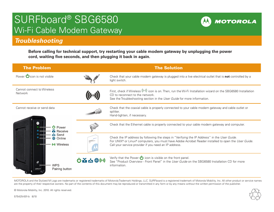 Surfboard, Sbg6580, Wi-fi cable modem gateway | Troubleshooting | Motorola SURFboard SBG6580 User Manual | Page 2 / 2