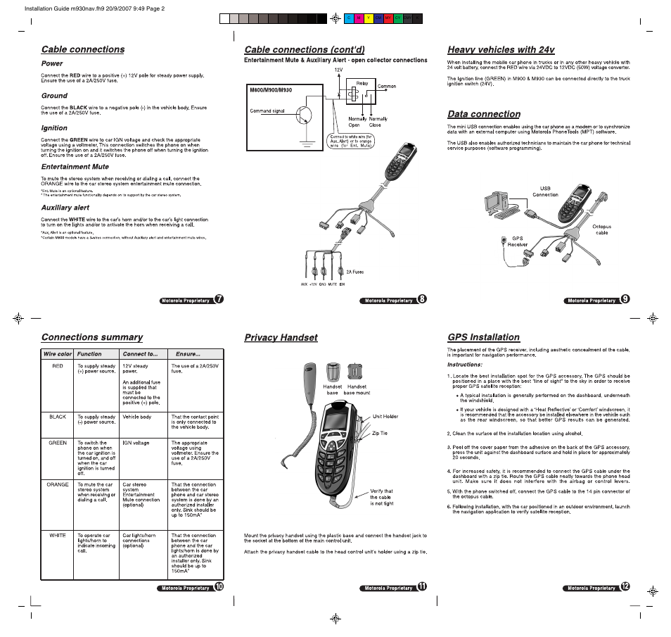 Cable connections, Cable connections (cont'd), Heavy vehicles with 24v | Data connection, Connections summary, Privacy handset, Gps installation, Connections summary privacy handset, Power, Ground | Motorola M900 User Manual | Page 2 / 2