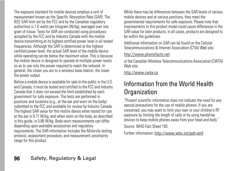 Information from the world health organization | Motorola BRUTE I686 User Manual | Page 100 / 118