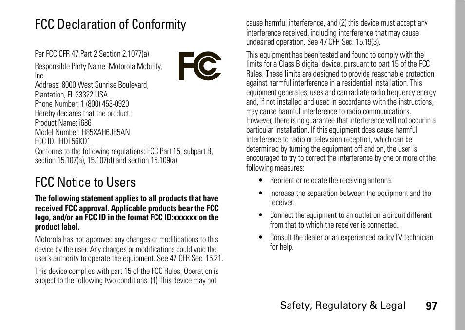 Fcc declaration of conformity, Fcc notice to users | Motorola BRUTE I686 User Manual | Page 101 / 118