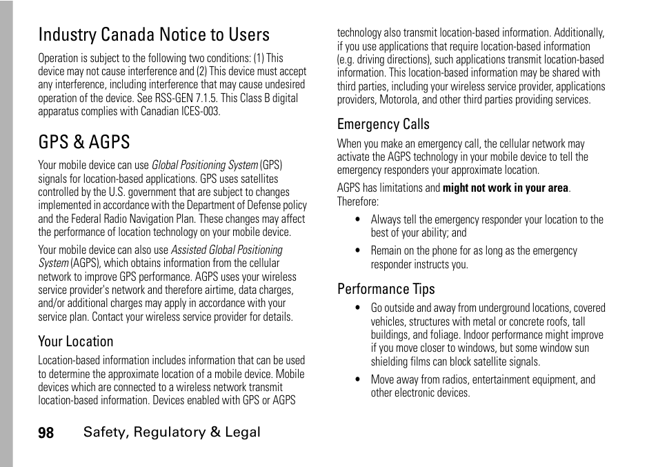 Industry canada notice to users, Gps & agps | Motorola BRUTE I686 User Manual | Page 102 / 118
