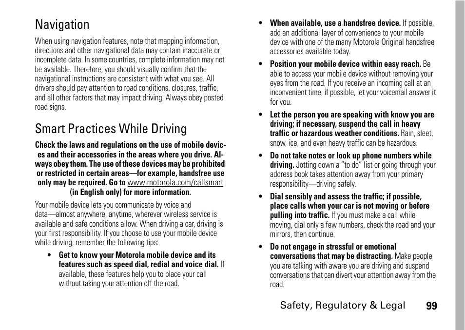 Navigation, Smart practices while driving | Motorola BRUTE I686 User Manual | Page 103 / 118