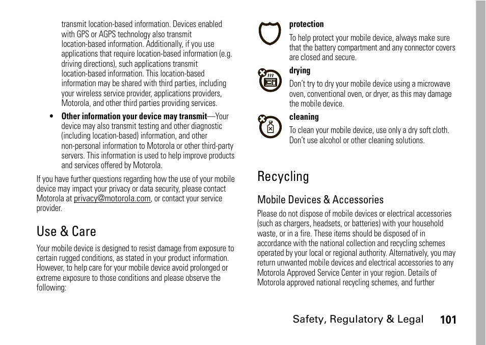 Use & care, Recycling | Motorola BRUTE I686 User Manual | Page 105 / 118