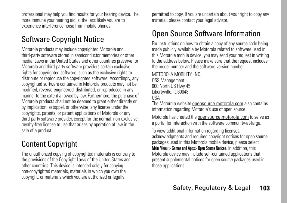 Software copyright notice, Content copyright, Open source software information | Motorola BRUTE I686 User Manual | Page 107 / 118