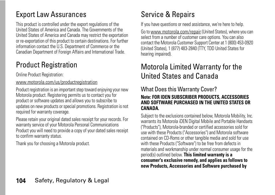 Export law assurances, Product registration, Service & repairs | Motorola BRUTE I686 User Manual | Page 108 / 118