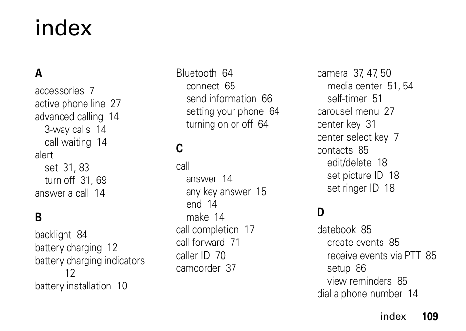 Index | Motorola BRUTE I686 User Manual | Page 113 / 118