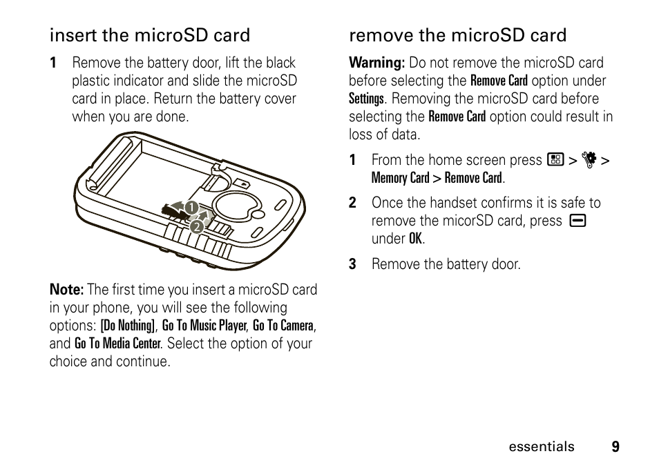 Insert the microsd card, Remove the microsd card | Motorola BRUTE I686 User Manual | Page 13 / 118