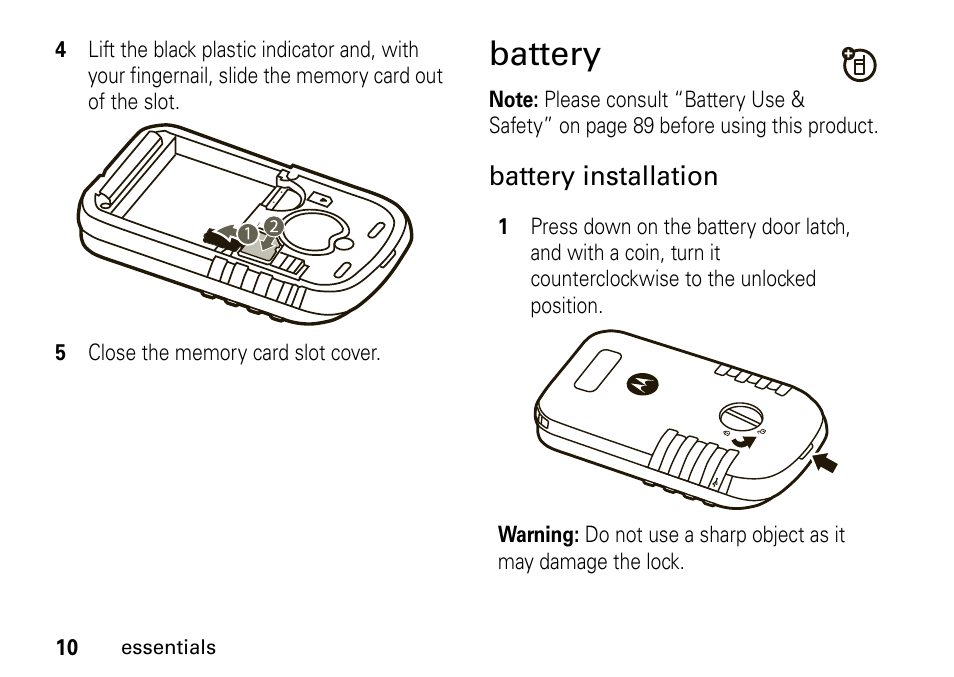 Battery, Battery installation | Motorola BRUTE I686 User Manual | Page 14 / 118