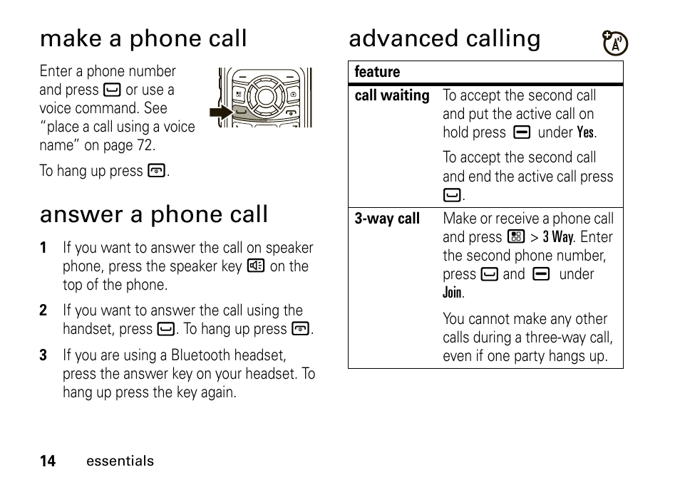Make a phone call, Answer a phone call, Advanced calling | Motorola BRUTE I686 User Manual | Page 18 / 118
