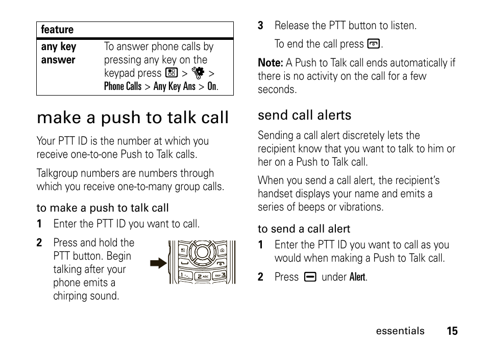 Make a push to talk call, Make a push to talk call 15, Send call alerts | Motorola BRUTE I686 User Manual | Page 19 / 118