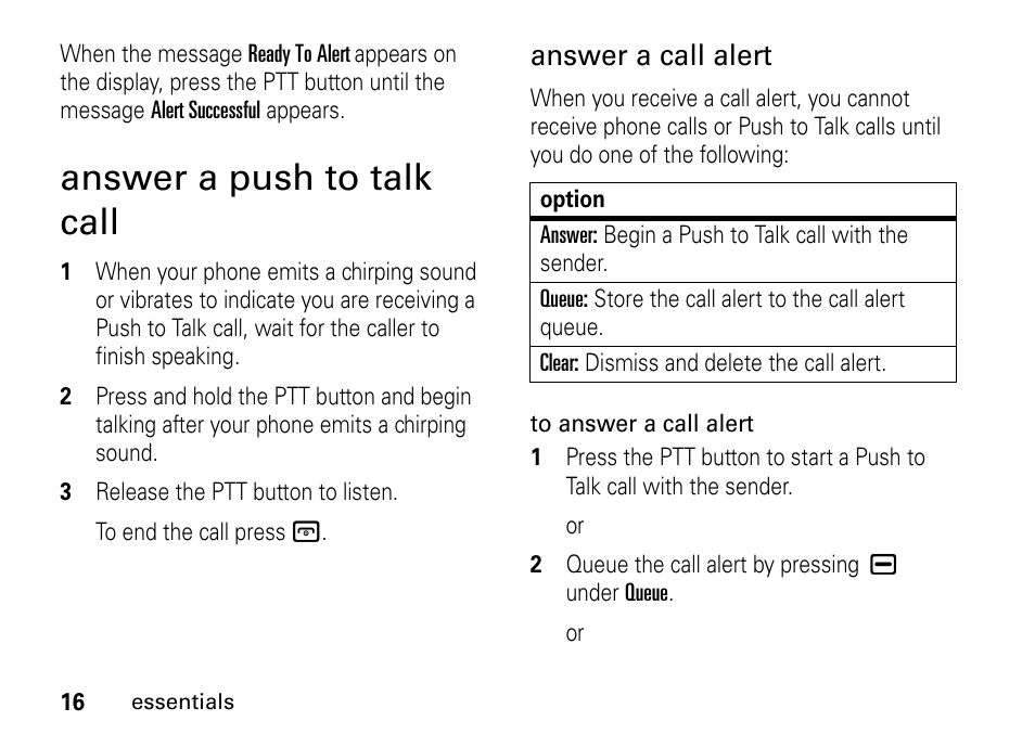 Answer a push to talk call, Answer a call alert | Motorola BRUTE I686 User Manual | Page 20 / 118