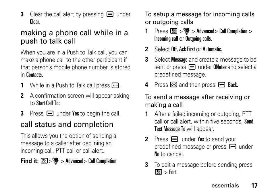 Making a phone call while in a push to talk call, Call status and completion | Motorola BRUTE I686 User Manual | Page 21 / 118