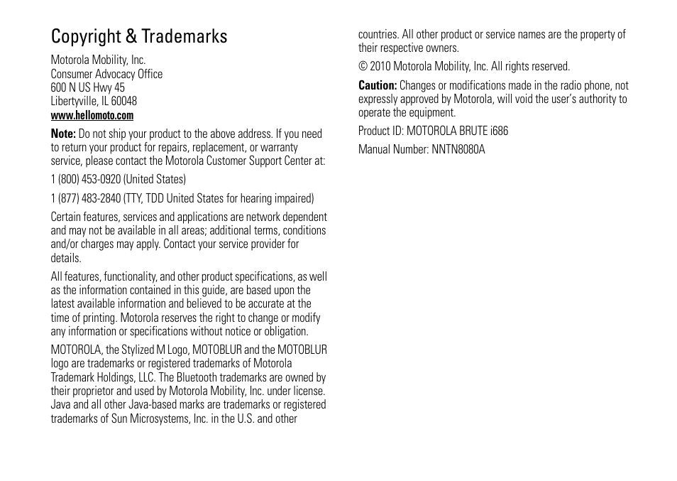Copyright & trademarks | Motorola BRUTE I686 User Manual | Page 3 / 118