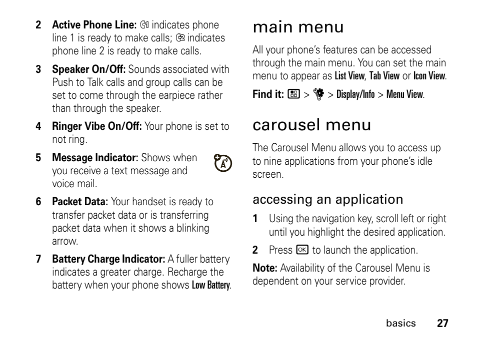 Main menu, Carousel menu, Main menu carousel menu | Accessing an application | Motorola BRUTE I686 User Manual | Page 31 / 118