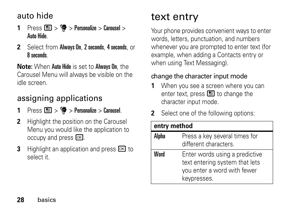 Text entry, Auto hide, Assigning applications | Motorola BRUTE I686 User Manual | Page 32 / 118