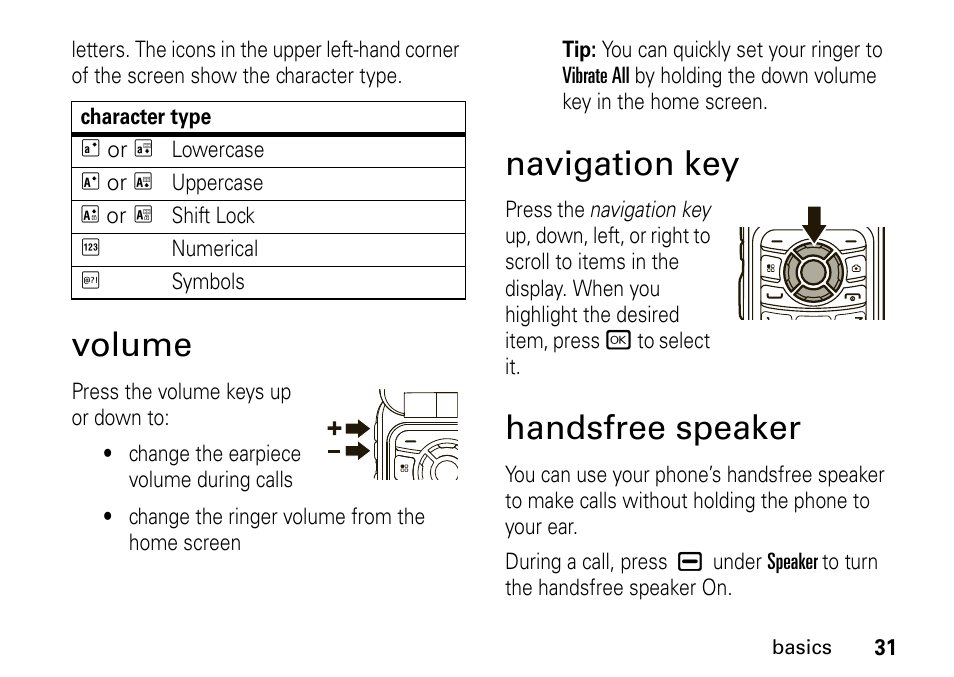 Volume, Navigation key, Handsfree speaker | Navigation key handsfree speaker | Motorola BRUTE I686 User Manual | Page 35 / 118