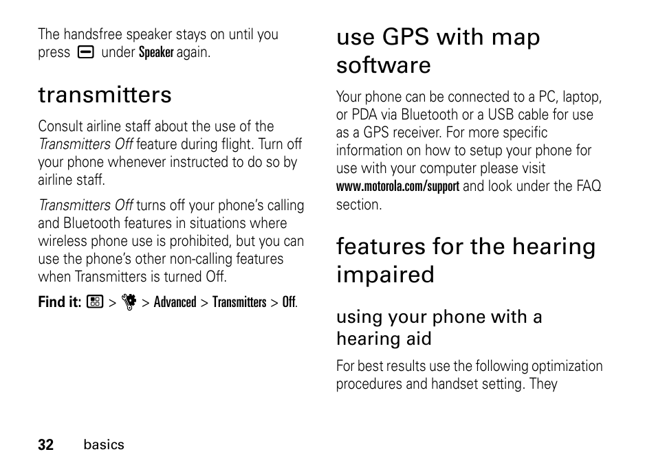 Transmitters, Use gps with map software, Features for the hearing impaired | Transmitters use gps with map software | Motorola BRUTE I686 User Manual | Page 36 / 118
