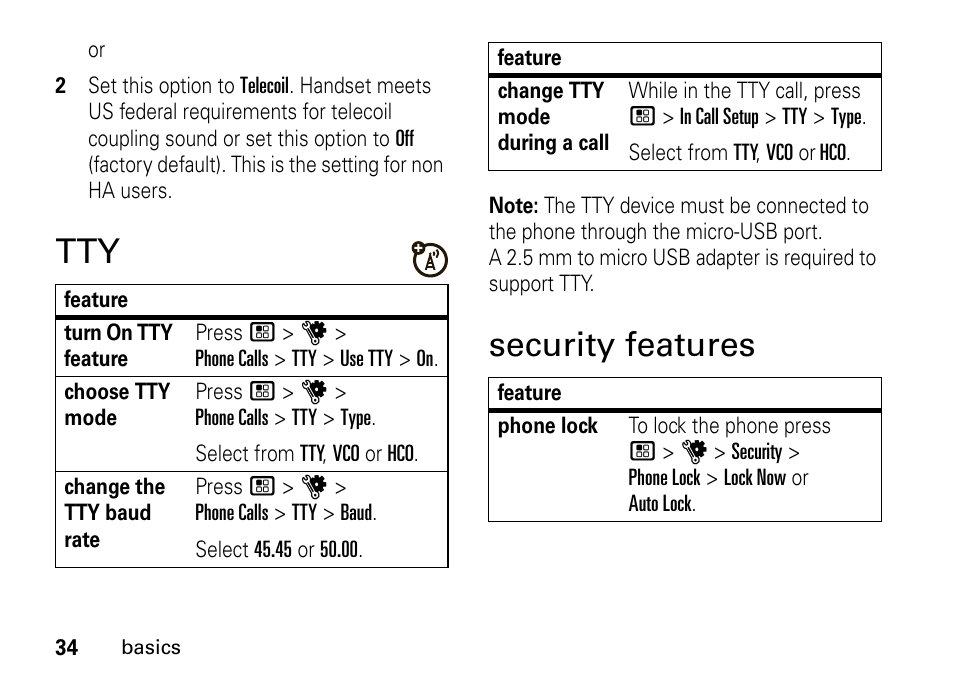 Security features, Tty security features | Motorola BRUTE I686 User Manual | Page 38 / 118