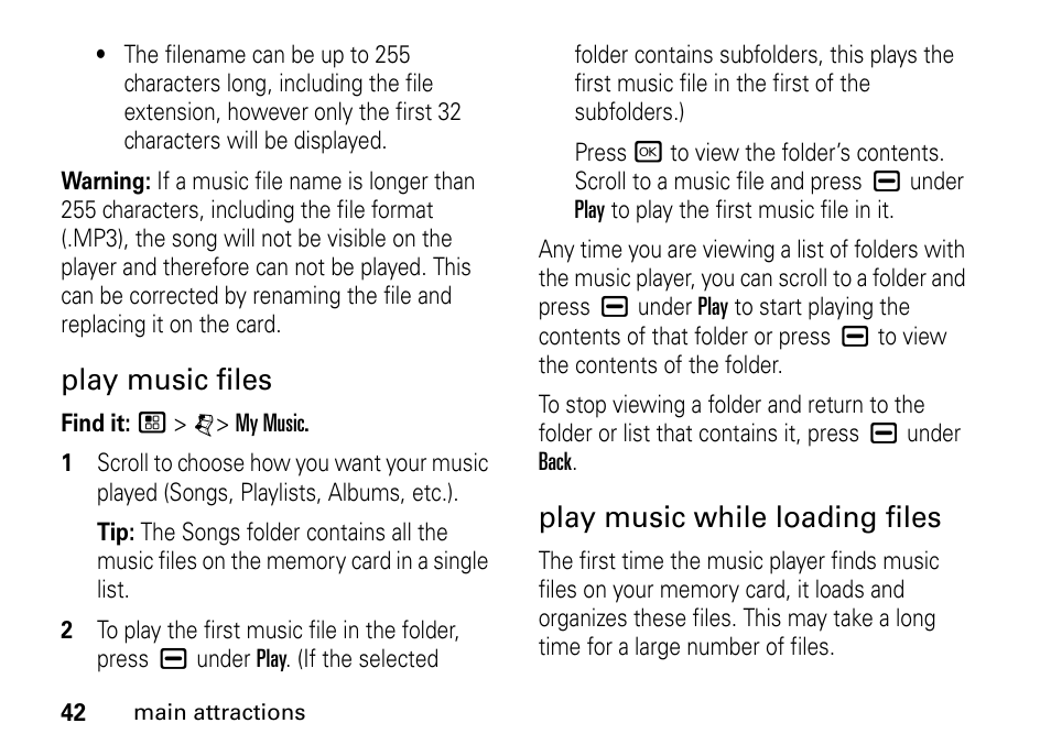 Play music files, Play music while loading files | Motorola BRUTE I686 User Manual | Page 46 / 118