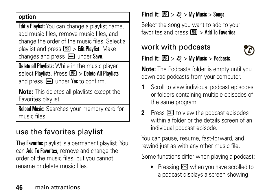 Use the favorites playlist, Work with podcasts | Motorola BRUTE I686 User Manual | Page 50 / 118