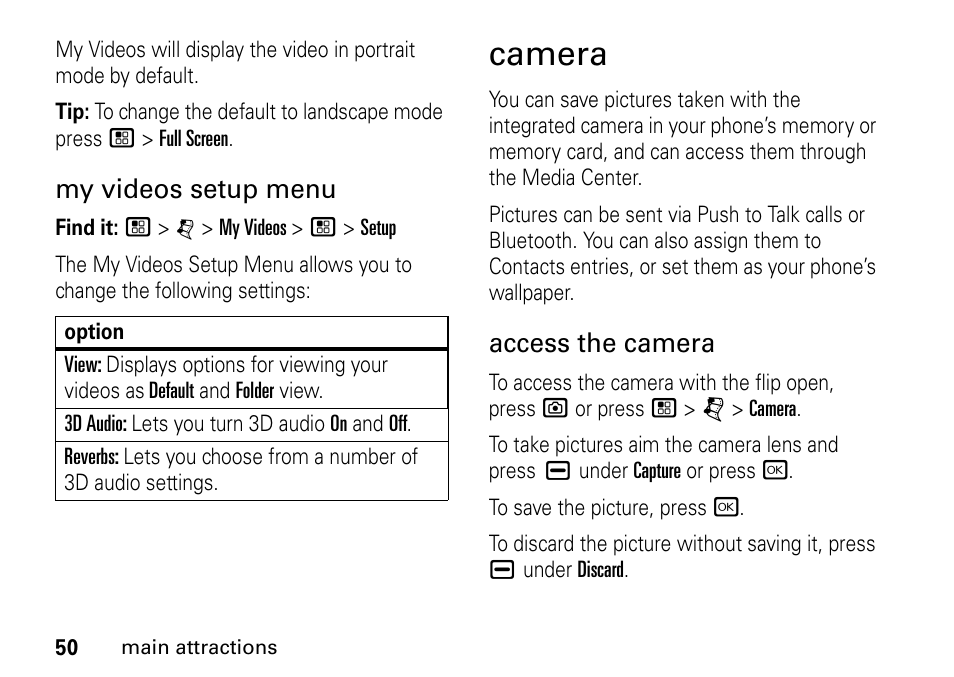 Camera, My videos setup menu, Access the camera | Motorola BRUTE I686 User Manual | Page 54 / 118