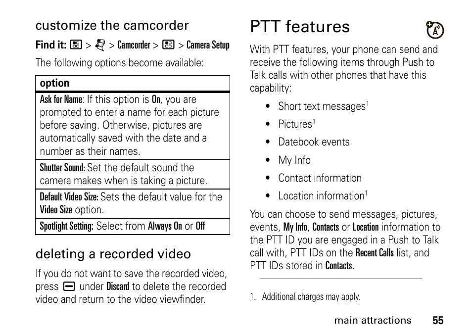 Ptt features, Customize the camcorder, Deleting a recorded video | Motorola BRUTE I686 User Manual | Page 59 / 118