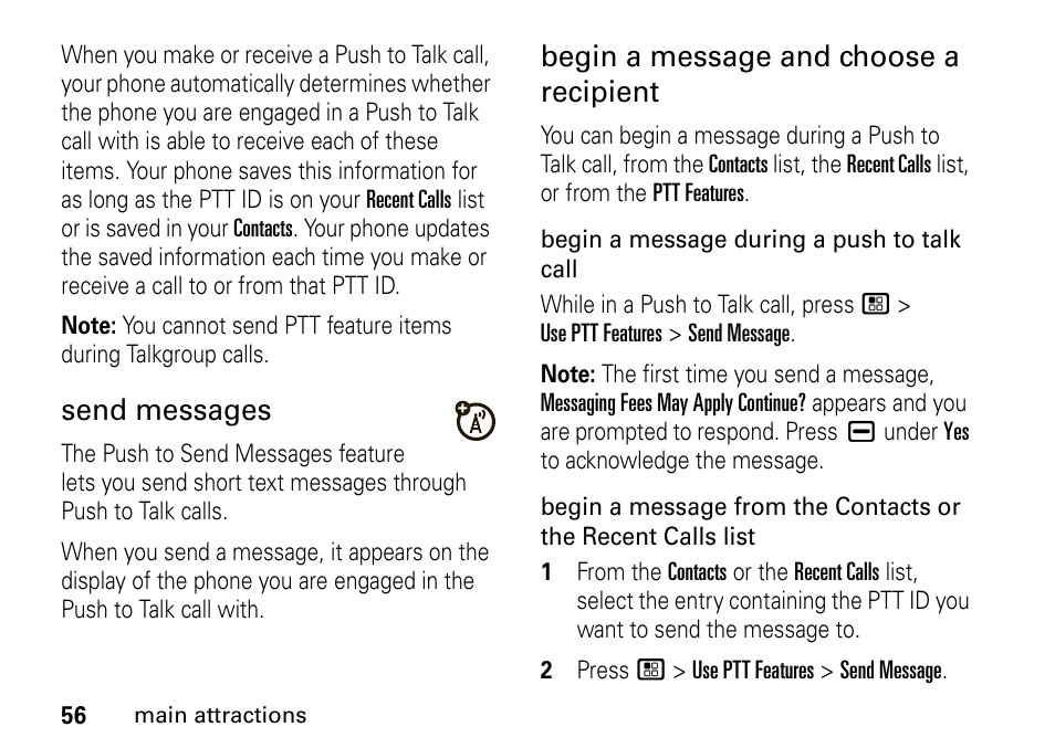 Send messages, Begin a message and choose a recipient | Motorola BRUTE I686 User Manual | Page 60 / 118