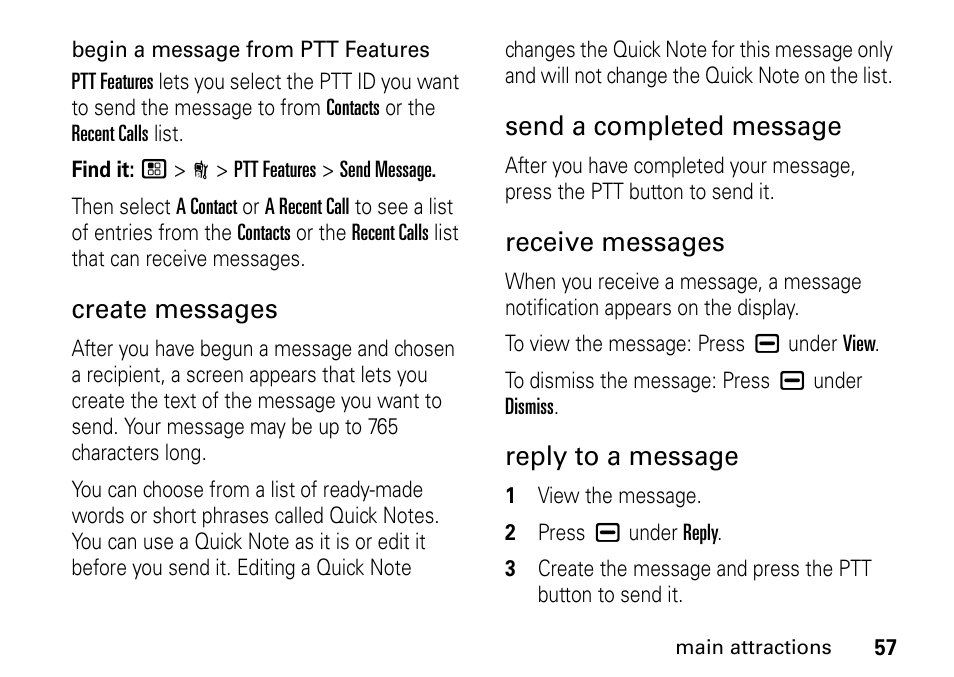 Create messages, Send a completed message, Receive messages | Reply to a message | Motorola BRUTE I686 User Manual | Page 61 / 118