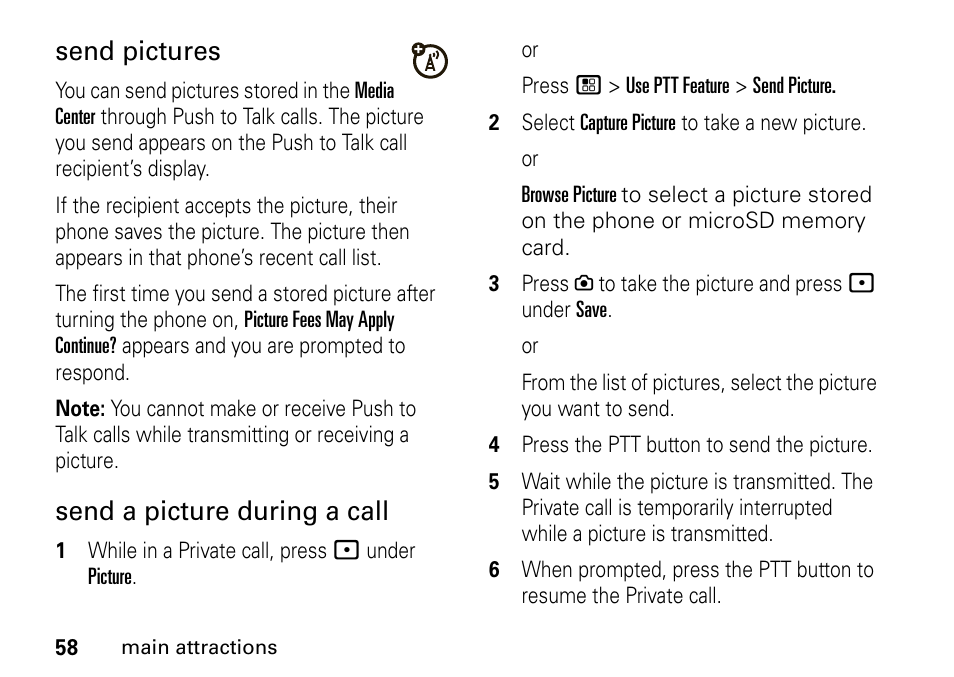 Send pictures, Send a picture during a call | Motorola BRUTE I686 User Manual | Page 62 / 118