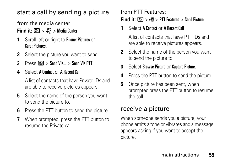 Start a call by sending a picture, Receive a picture | Motorola BRUTE I686 User Manual | Page 63 / 118