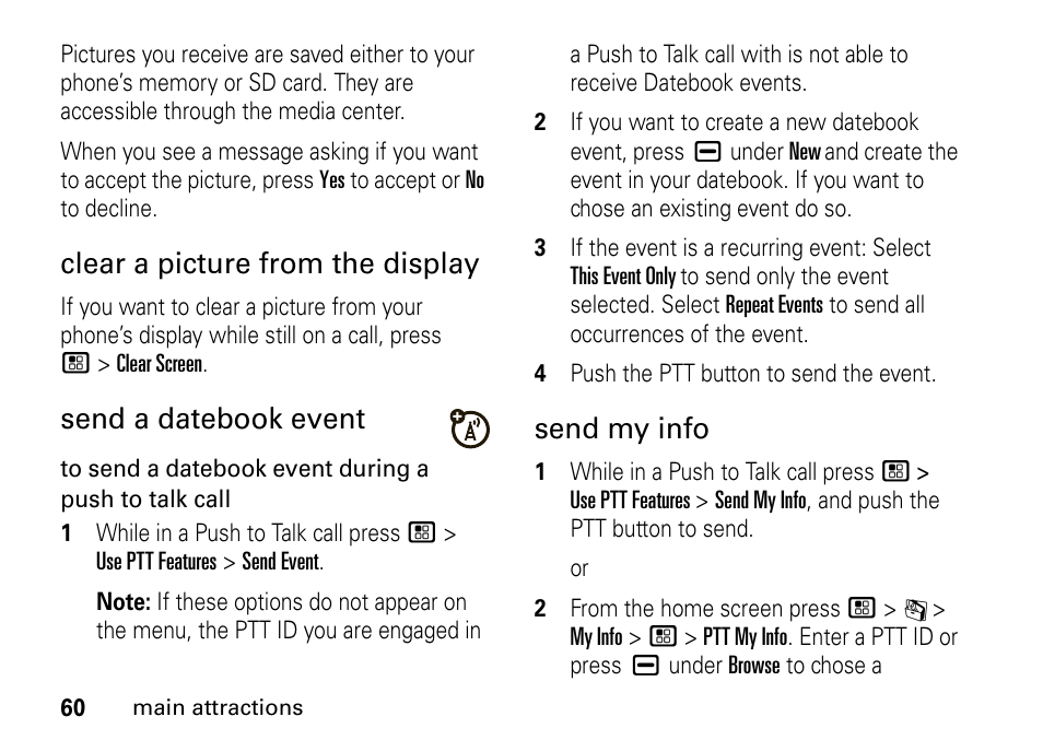 Clear a picture from the display, Send a datebook event, Send my info | Motorola BRUTE I686 User Manual | Page 64 / 118