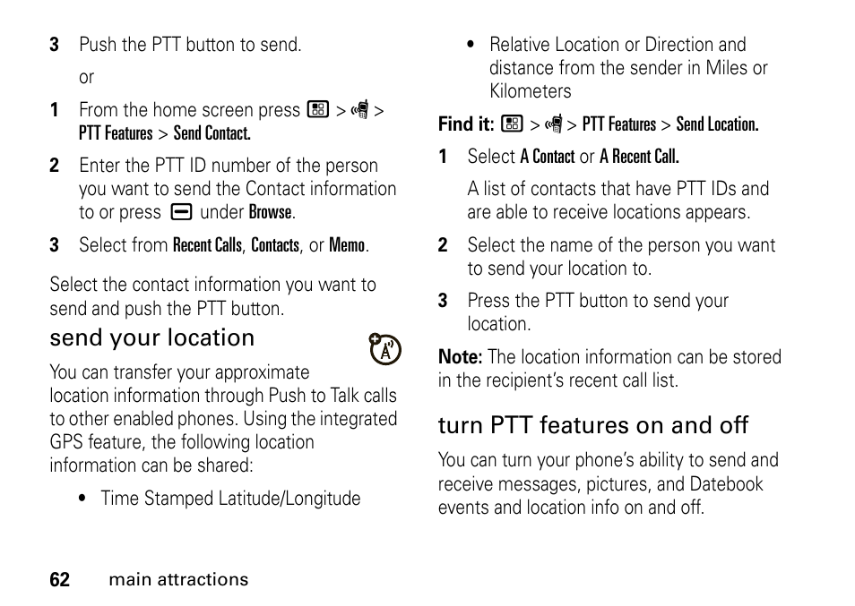 Send your location, Turn ptt features on and off | Motorola BRUTE I686 User Manual | Page 66 / 118