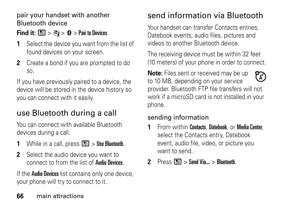 Use bluetooth during a call, Send information via bluetooth | Motorola BRUTE I686 User Manual | Page 70 / 118