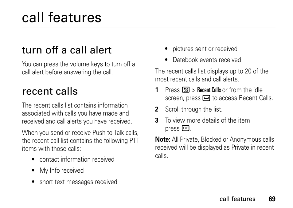 Call features, Turn off a call alert, Recent calls | Turn off a call alert recent calls | Motorola BRUTE I686 User Manual | Page 73 / 118