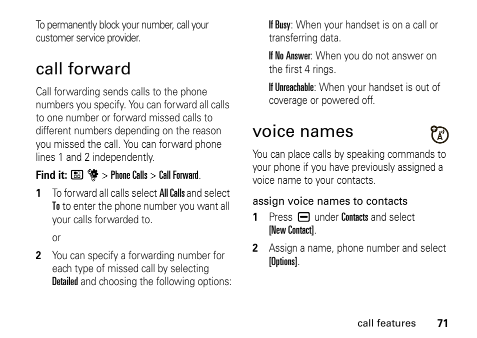 Call forward, Voice names, Call forward voice names | Motorola BRUTE I686 User Manual | Page 75 / 118