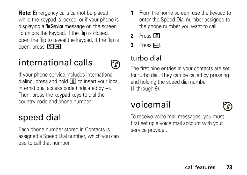 International calls, Speed dial, Voicemail | International calls speed dial voicemail | Motorola BRUTE I686 User Manual | Page 77 / 118