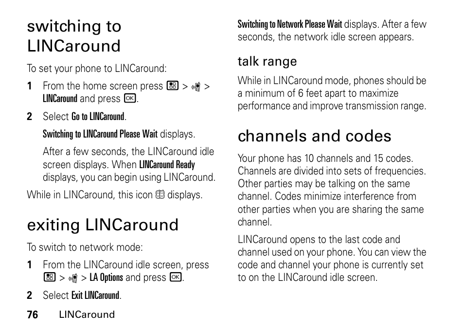 Switching to lincaround, Exiting lincaround, Channels and codes | Motorola BRUTE I686 User Manual | Page 80 / 118
