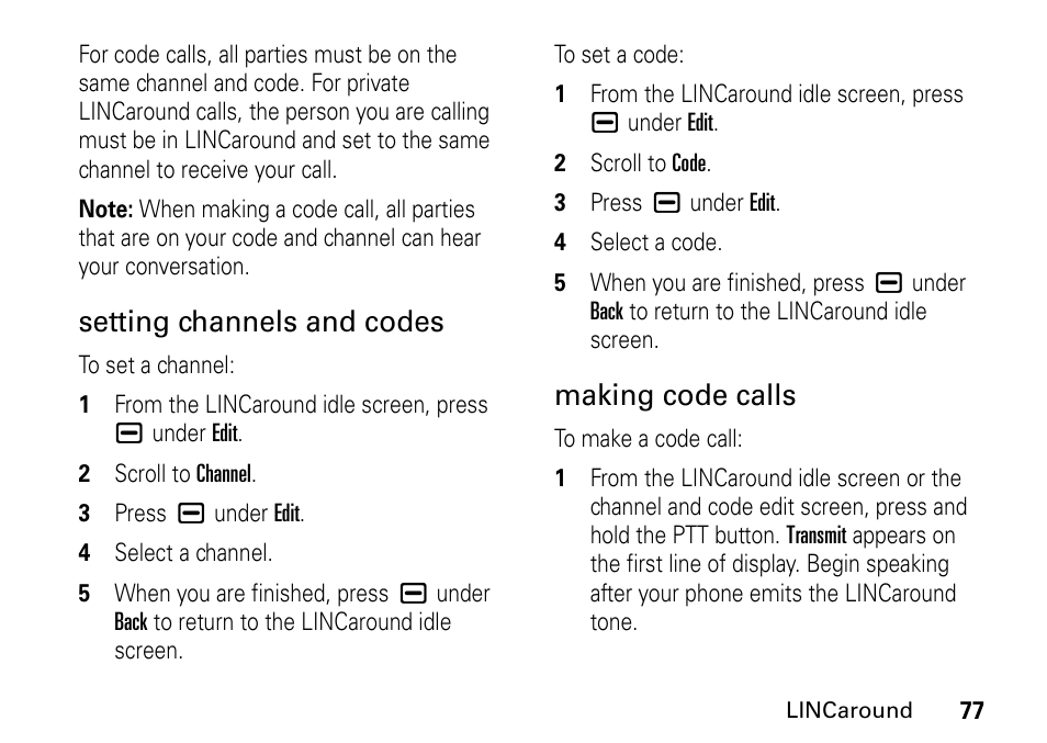 Setting channels and codes, Making code calls | Motorola BRUTE I686 User Manual | Page 81 / 118