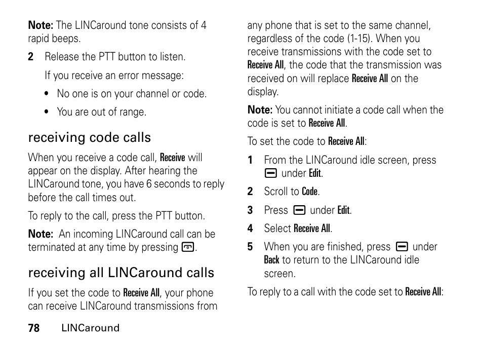 Receiving code calls, Receiving all lincaround calls | Motorola BRUTE I686 User Manual | Page 82 / 118