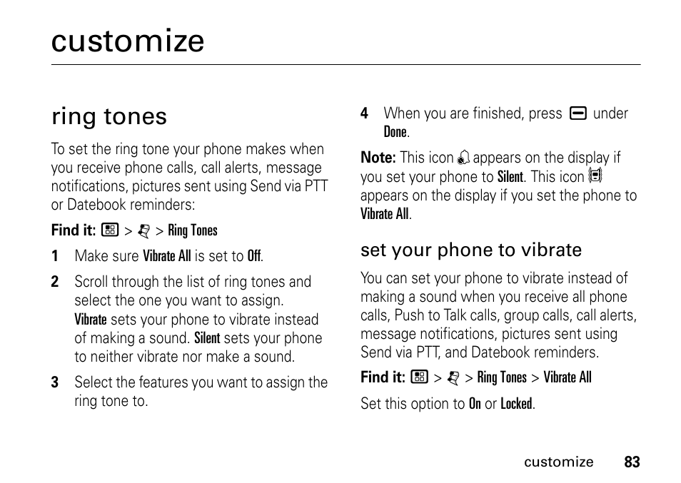 Customize, Ring tones | Motorola BRUTE I686 User Manual | Page 87 / 118