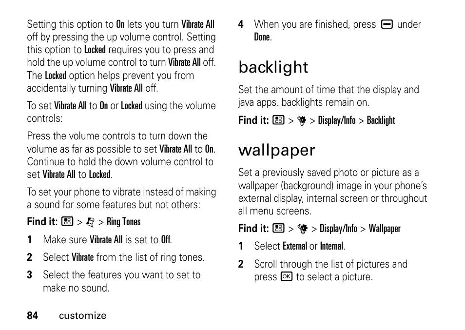 Backlight, Wallpaper, Backlight wallpaper | Motorola BRUTE I686 User Manual | Page 88 / 118