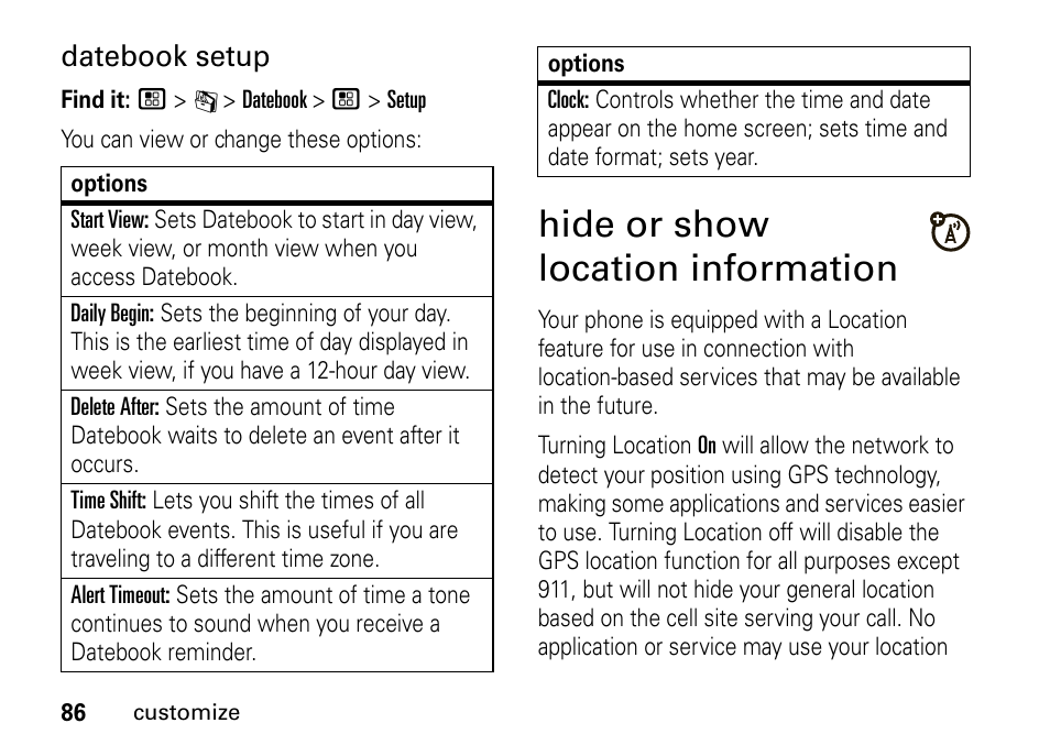 Hide or show location information, Datebook setup | Motorola BRUTE I686 User Manual | Page 90 / 118