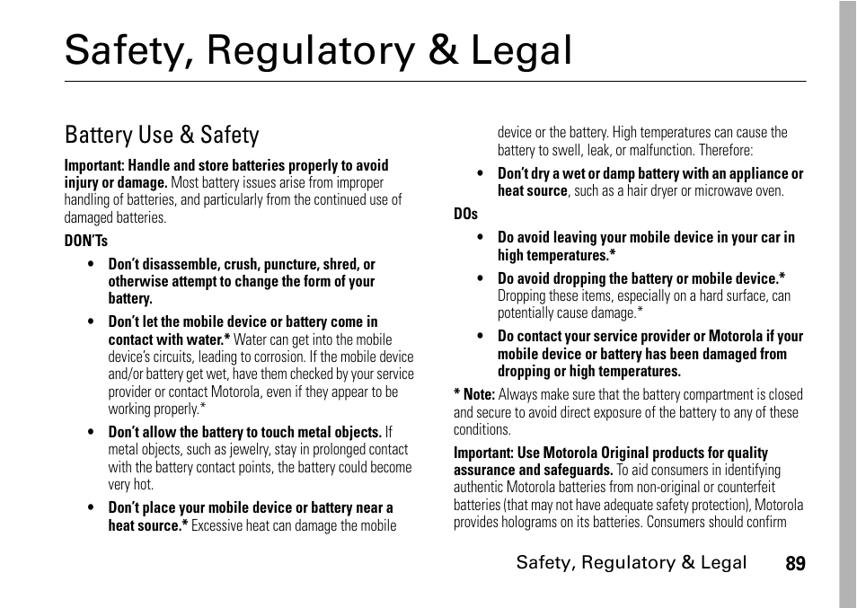 Safety, regulatory & legal, Battery use & safety | Motorola BRUTE I686 User Manual | Page 93 / 118