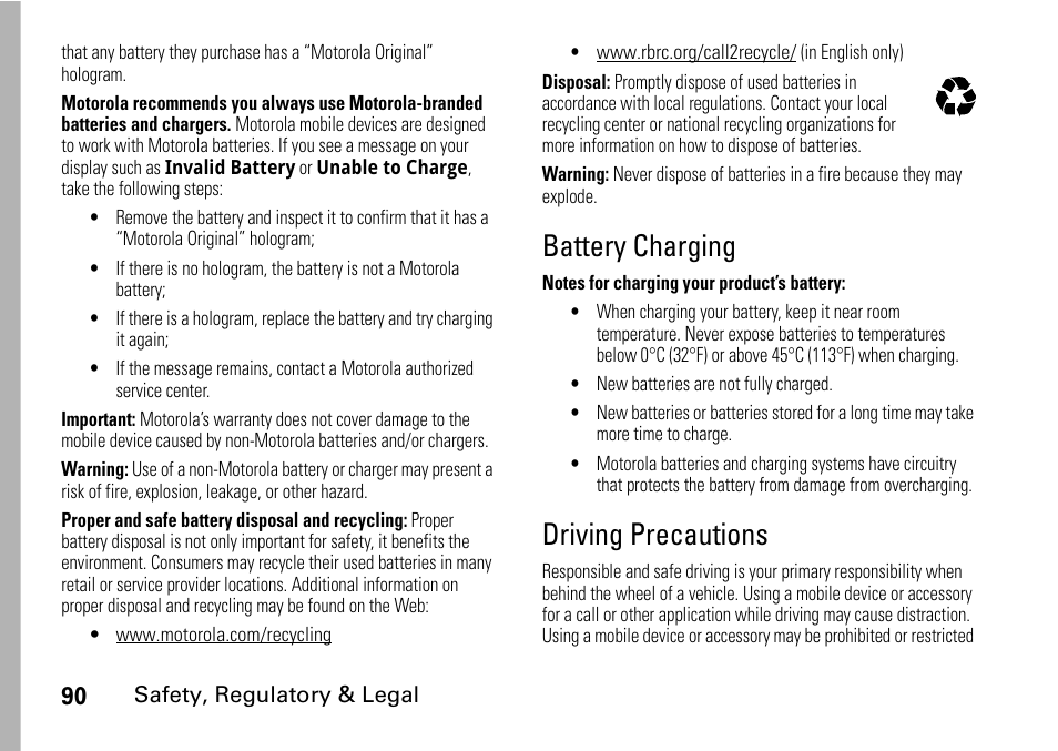 Battery charging, Driving precautions | Motorola BRUTE I686 User Manual | Page 94 / 118