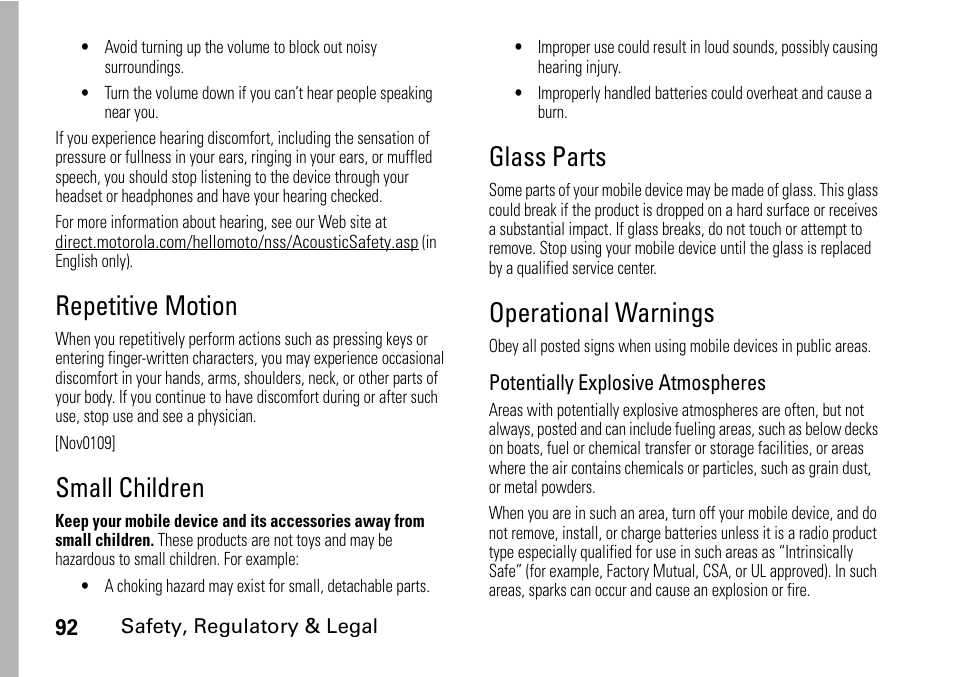 Repetitive motion, Small children, Glass parts | Operational warnings | Motorola BRUTE I686 User Manual | Page 96 / 118